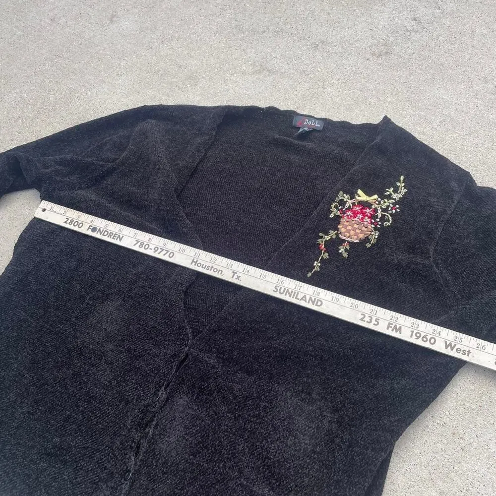 Vintage 90s Womens 3X Cottagecore Cardigan Velvet Embroidery Floral Grunge‎ Goth Black - Image 5