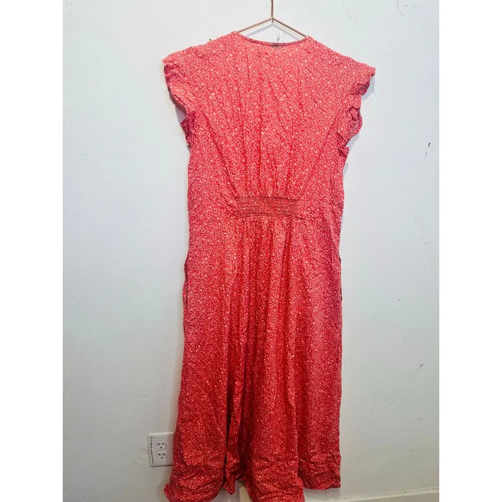 MARINE LAYER Red Floral Hemp Blend Button Front Camila Midi Dress Size Large - Image 10