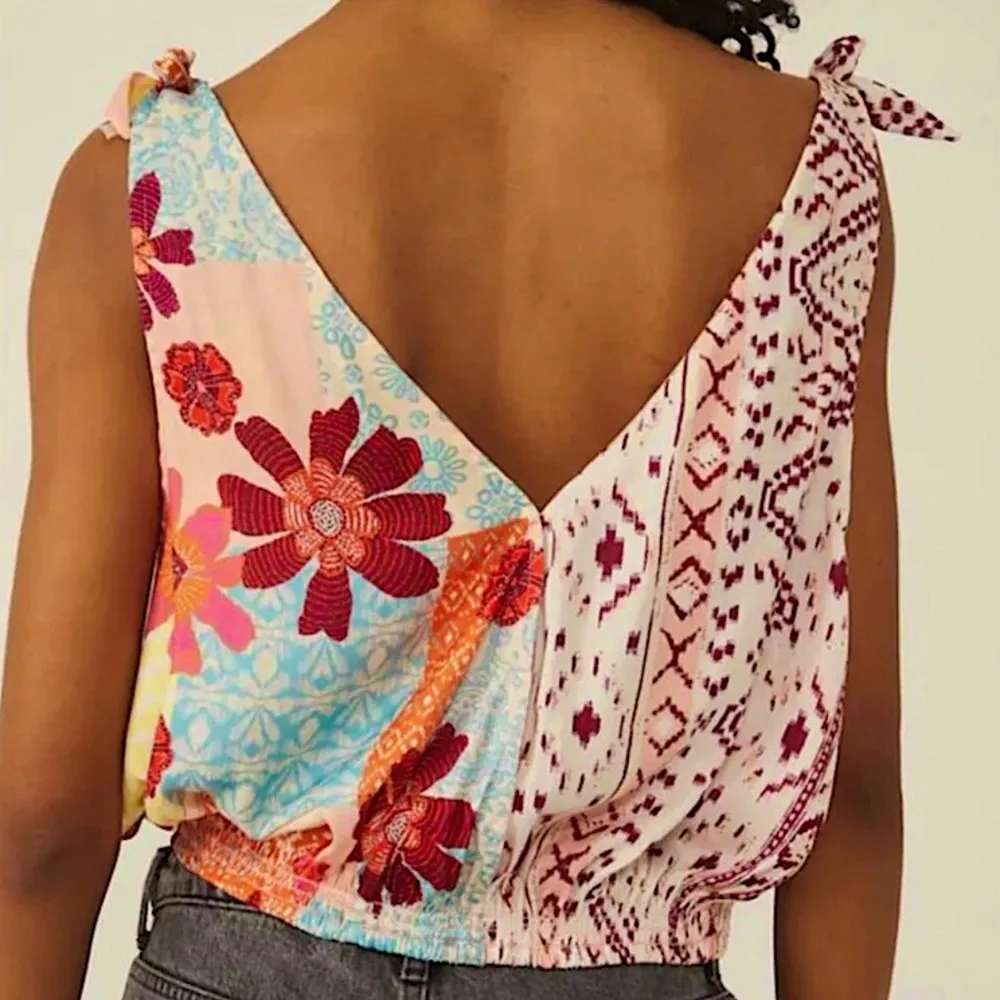 FREE PEOPLE Tropical Floral Surplice Sleeveless Top w Adjustable Shoulder Ties - Image 2