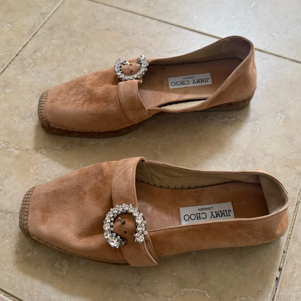 JIMMY CHOO Dru Crystal Embellished Suede Espadrilles Beige Sz 38 EU/8 US - Image 6