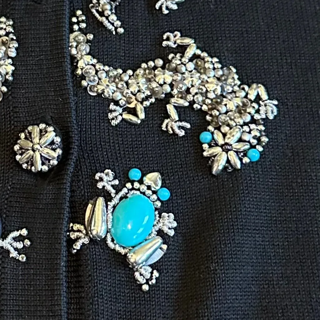 Michael Simon Vintage Retro Cardigan Sweater Turquoise Beaded Gecko Frog Large Black - Image 3