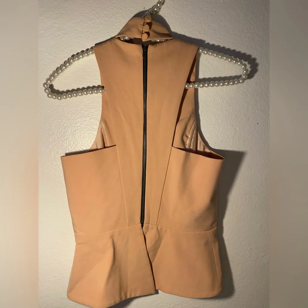 MICHELLE MASON Top 0 Peach Crepe Peplum Sleeveless Halter Back Zipper Blouse - Image 5