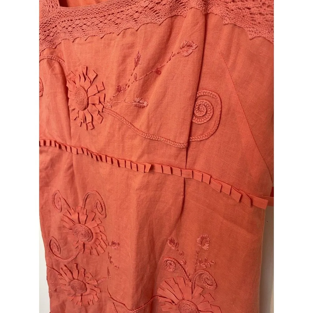 Anthropology Dress Yoana Baraschi Linen Blend Coral  Lace &‎ Floral Appliqué - Image 4