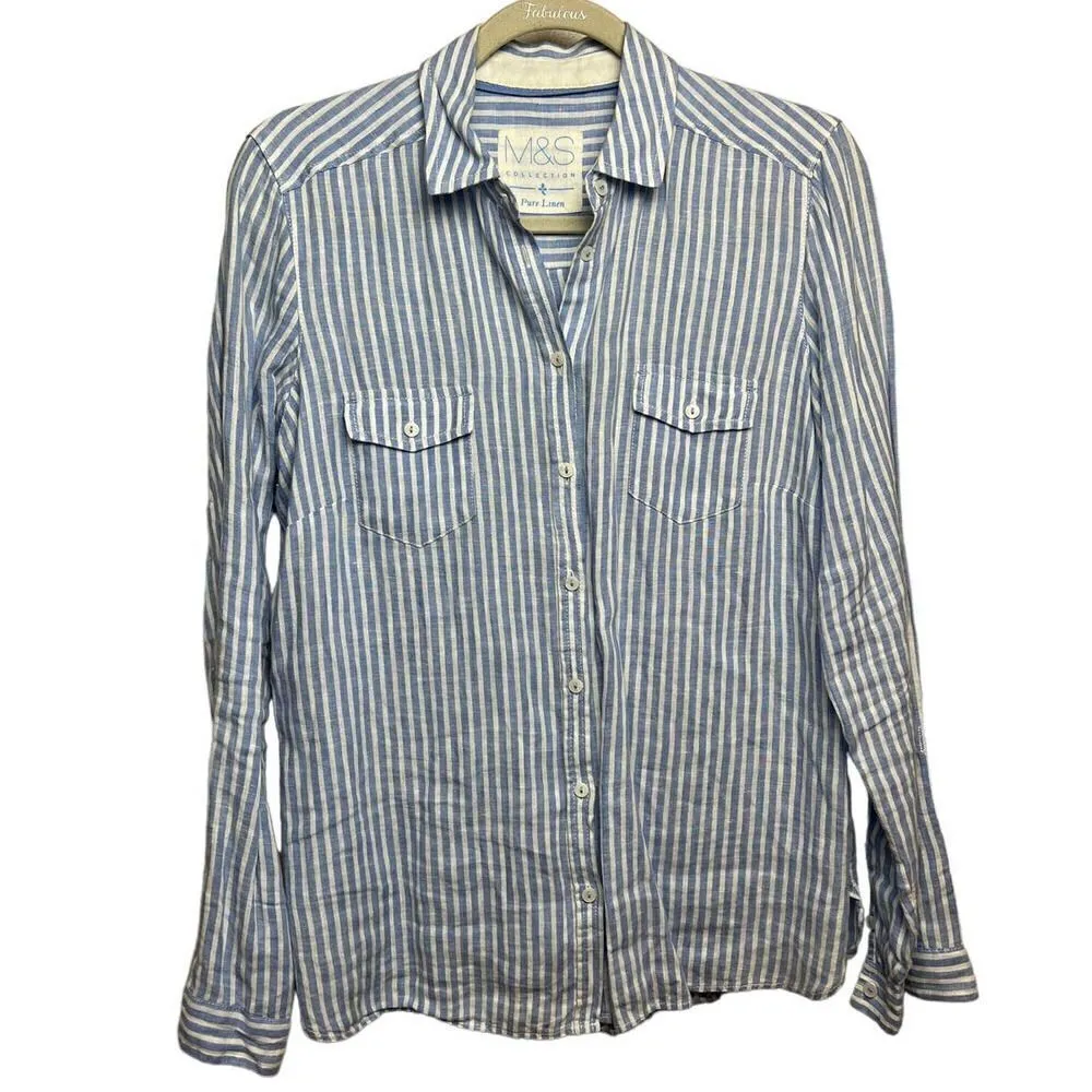 M&S Collection Marks and Spencer Pure Linen Striped Button Down Sz. M/L Blue Size M - Image 4