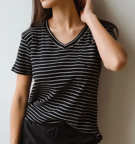 Albion Basic V Neck Tee Black White Stripe Pocket Short Sleeve T Shirt Sz Small - Image 1