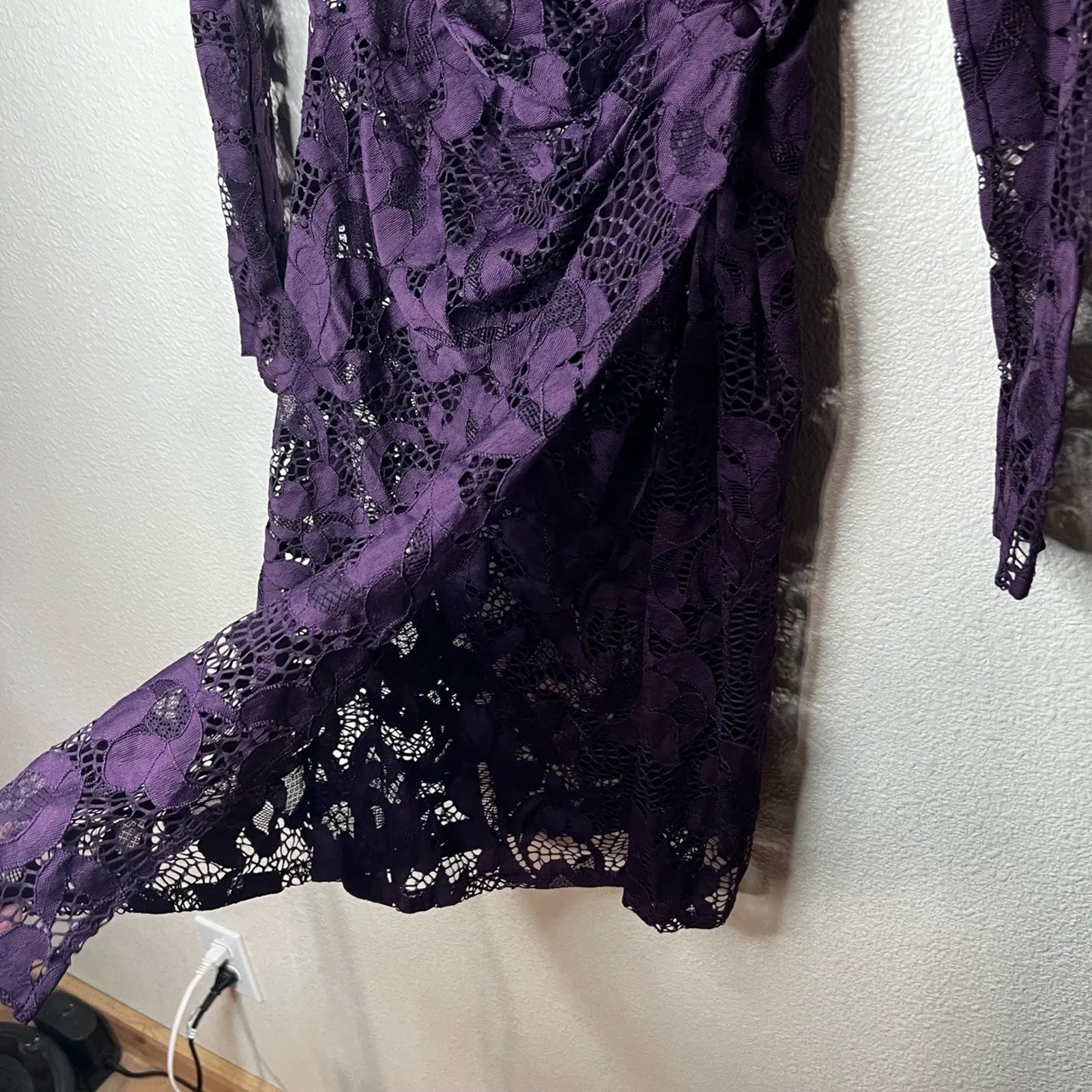 Natori Lace Dress Womens 2 Purple Long Sleeve Ruched Waist Unlined Sheer Elegant - Image 6