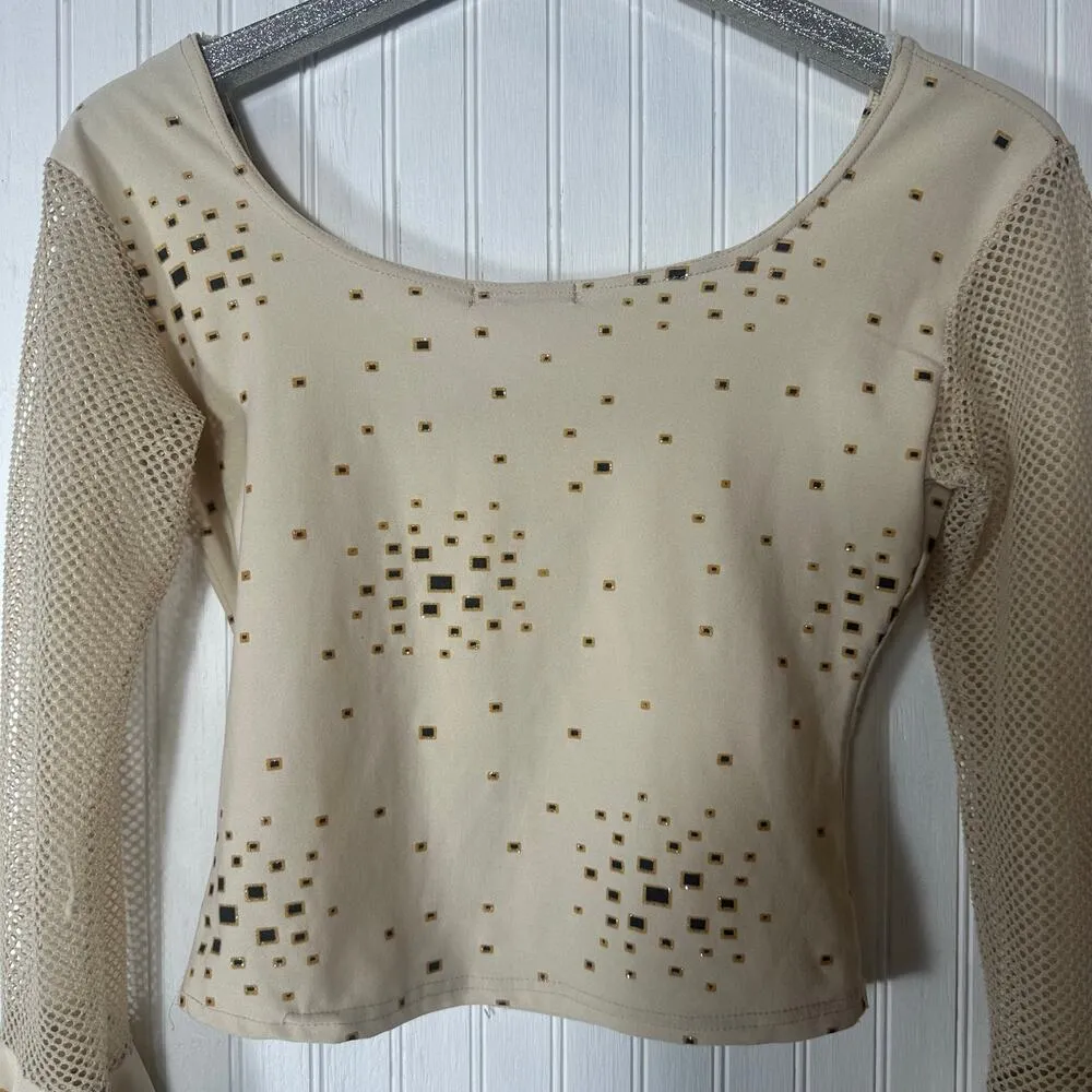 Top Up Long Sleeve Mesh Flare Cuff Crop Top Tan Size M - Image 4