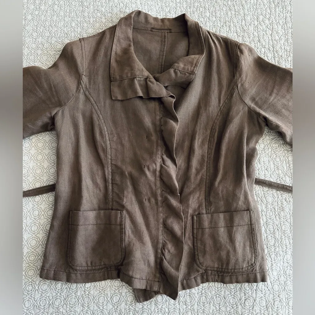 WEEKEND MaxMara Brown Linen Ruffle Front Tie Waist Jacket Size 12 - Image 4