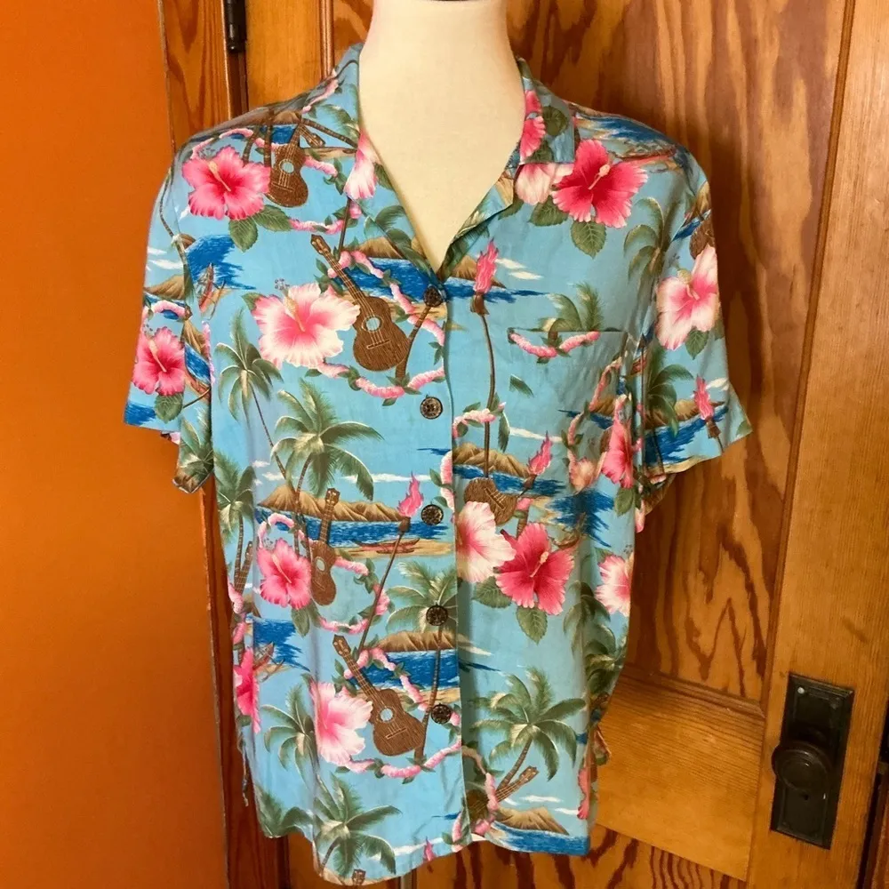 Vintage Hawaiian Shirt Tropical Floral Ukulele Print Button Up Blue Size M - Image 10