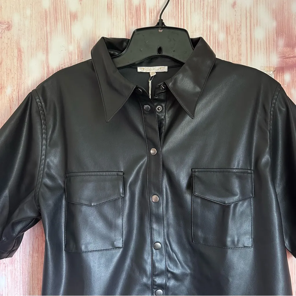 Gold Hawk Black Faux Leather Snap Front Shirt Size M - Image 4