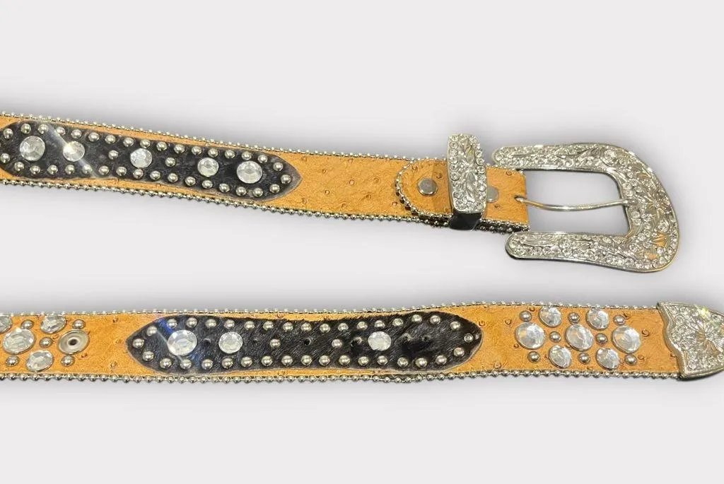 Atlas Black and Tan Leather Belt with Silver Buckles and Rhinestone Detailing - Image 2