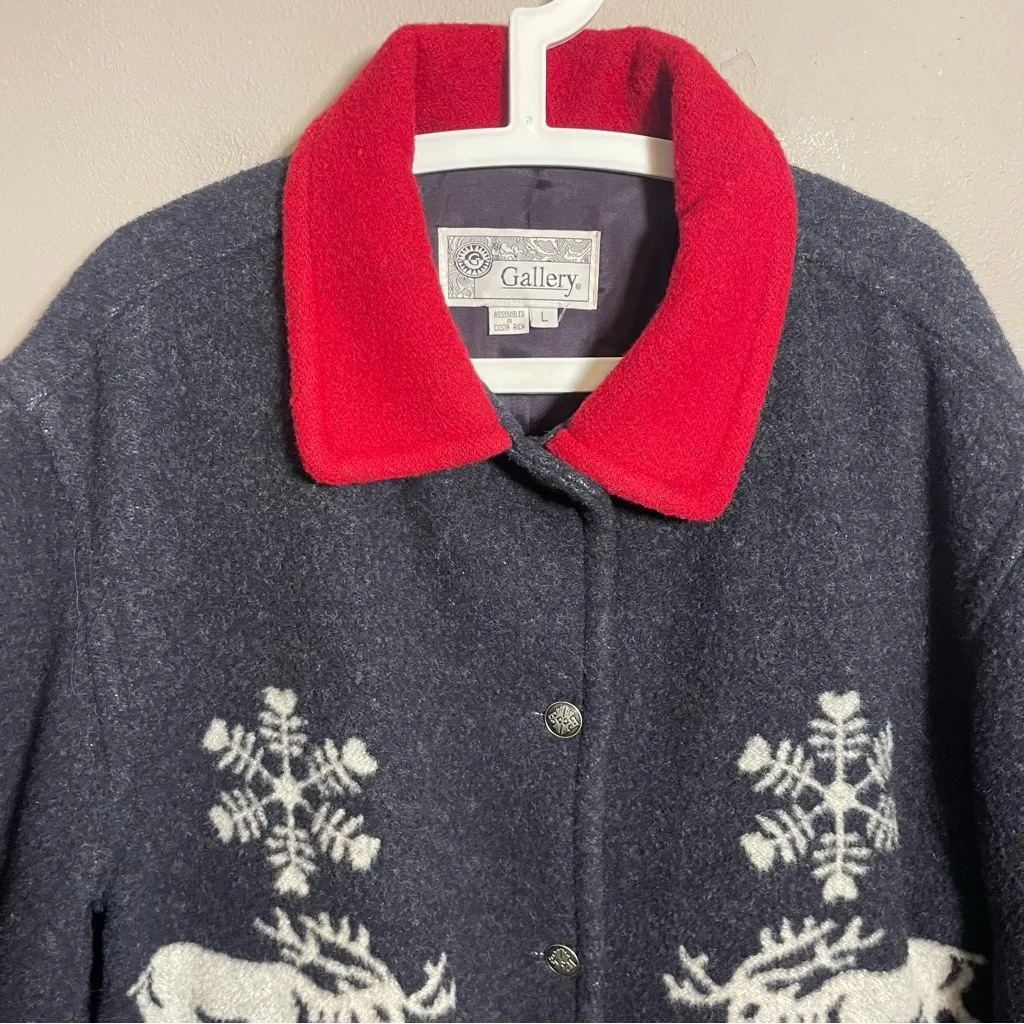 Gallery Vintage Wool Blend Jacket Reindeer Snowflakes Oversized - Image 3