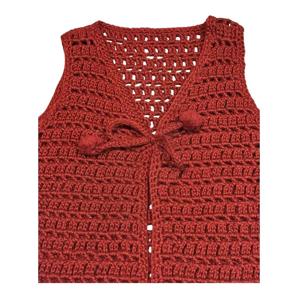 American vintage handmade crochet sleeveless wine vest, pom pom tie size small - Image 3