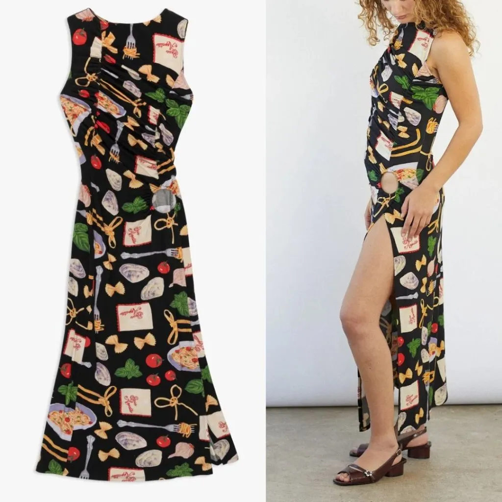 Lisa Says Gah Buon Appetito Food Print Savannah Cinch Dress Maxi Cutout Novelty Black Size L - Image 3