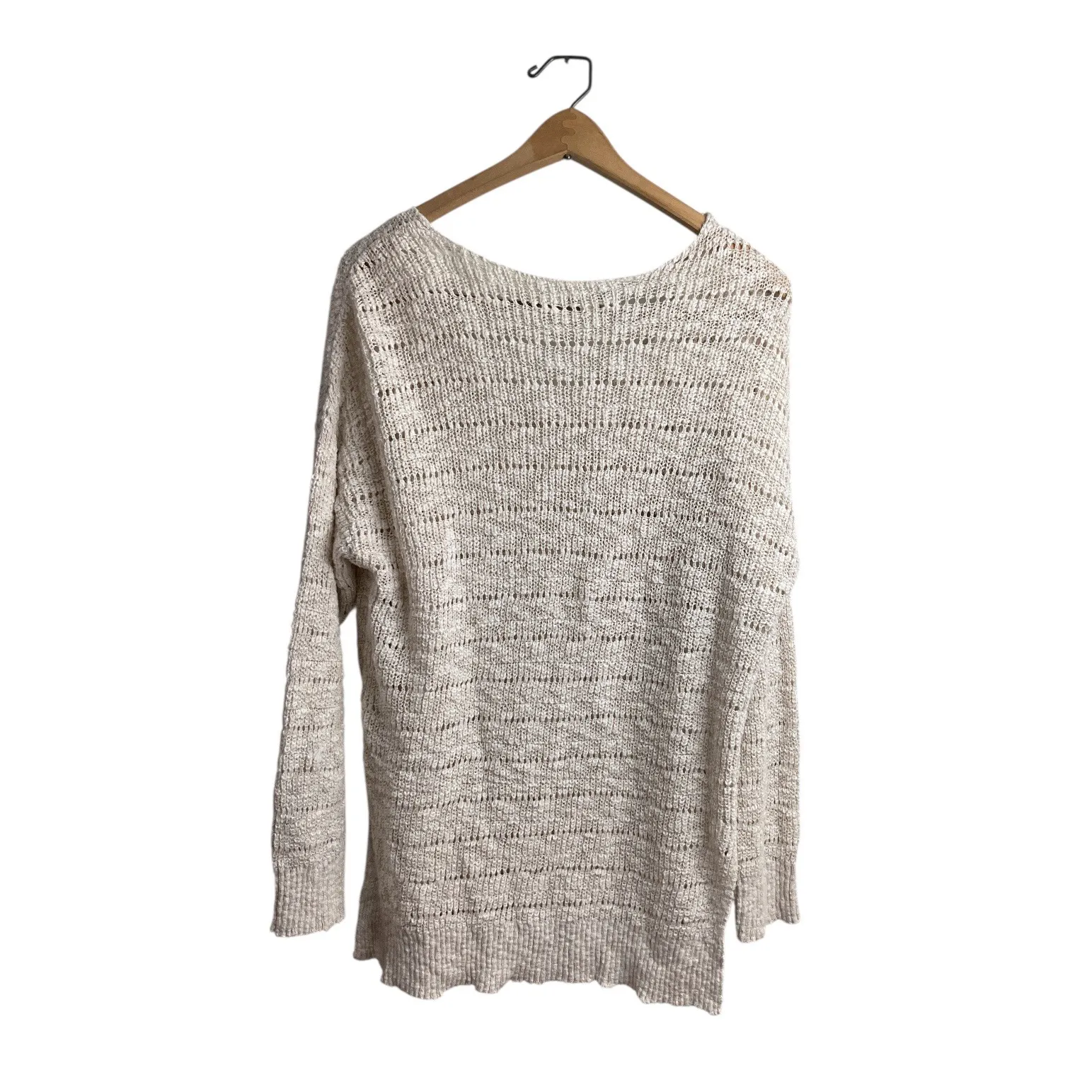 Cream Open Knit V Neck Long Sleeve Oversized Tunic Sweater Women XS Tan - Image 4