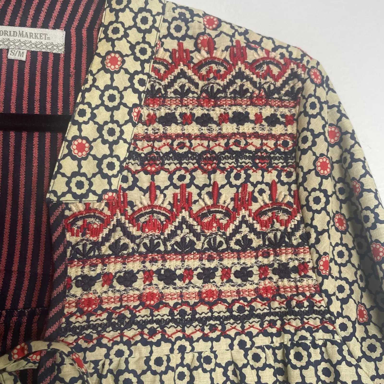 WORLD MARKET Embroidered Open Front Kimono Jacket Cardigan S/M Neutral Bohemian Red Size undefined - Image 2