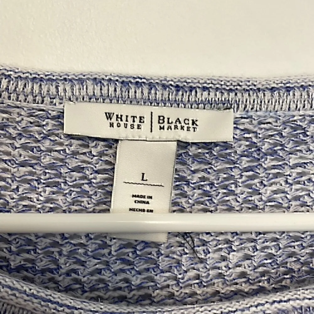 WHITE HOUSE BLACK MARKET WHBM Blue White Open Knit 3/4 Sleeve Cotton Sweater L - Image 4