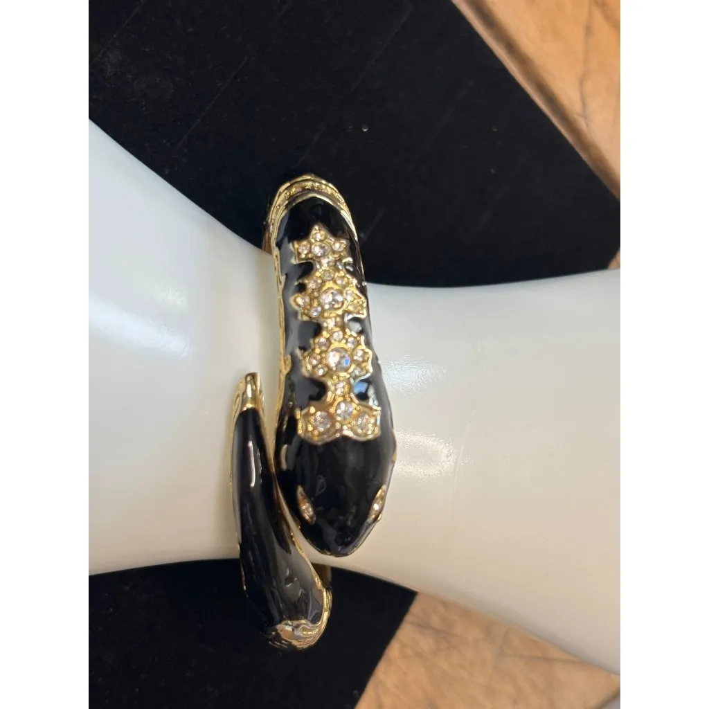 Gold & Black Snake Hinged Bangle Bracelet With Rhinestone Embellishment - Image 9