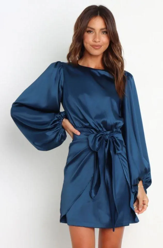 Petal & Pup Opal Navy Blue Satin Long Balloon Sleeve Wrap Mini Dress 4 - Image 11