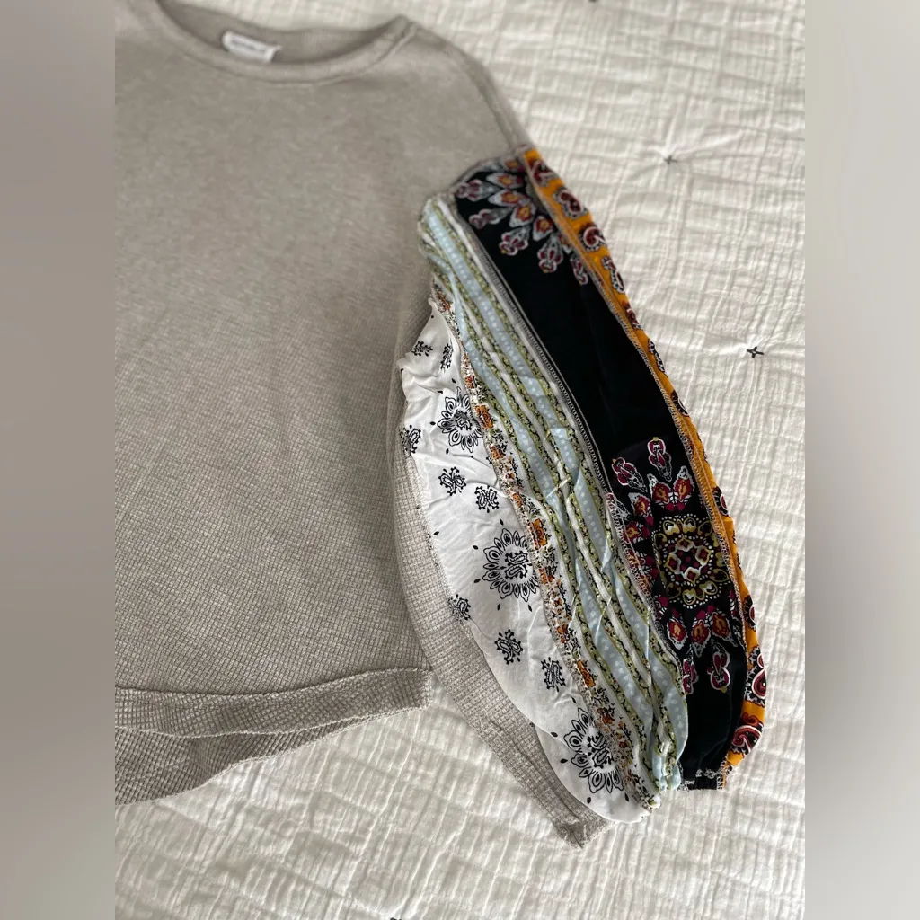 FOR THE REPUBLIC Waffle Knit Mixed Print Balloon Sleeve Bohemian Top Size M - Image 6