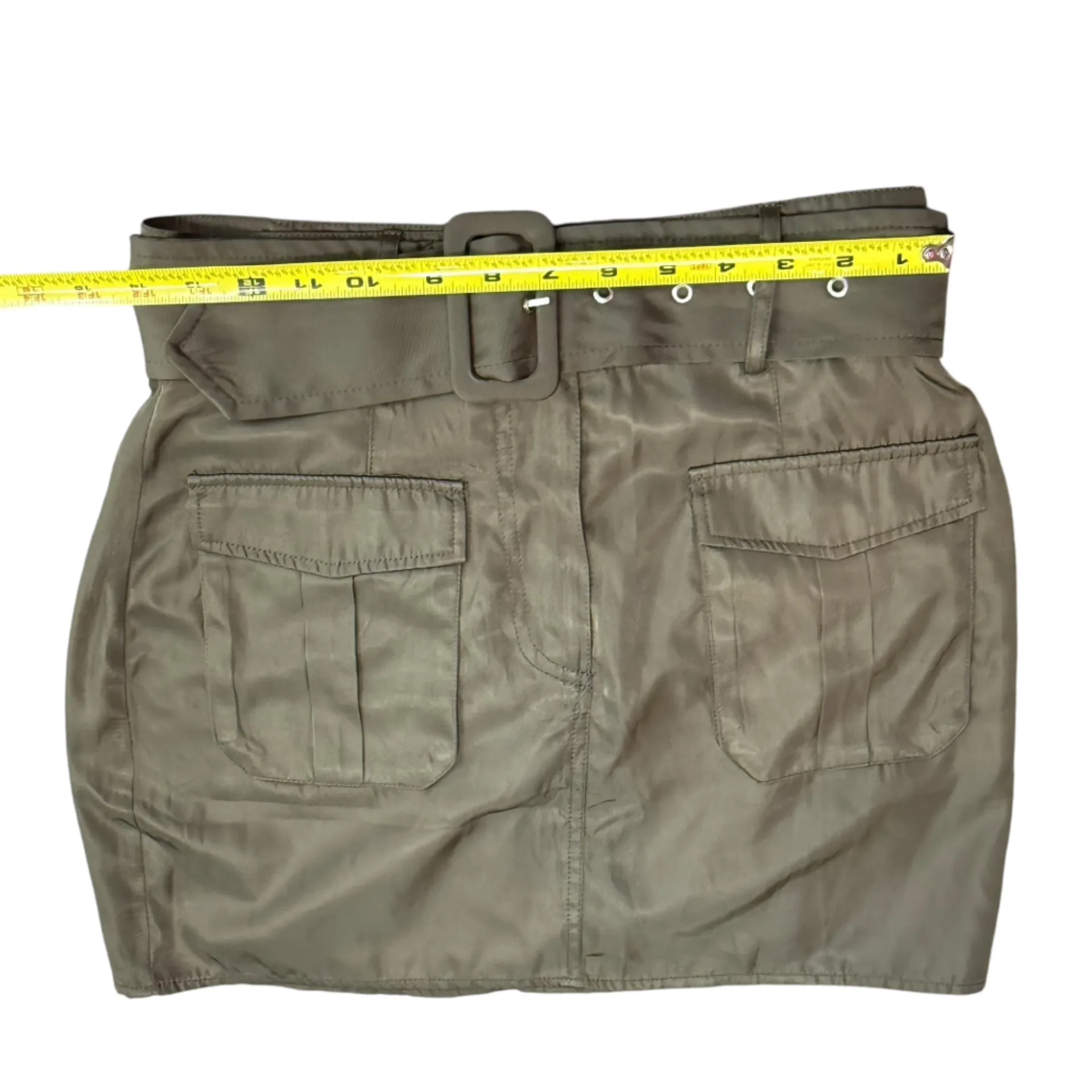 Fore Womens Size M Belted Cargo Pocket Utility Skirt Olive Green Mini Fall Satin Size M - Image 9
