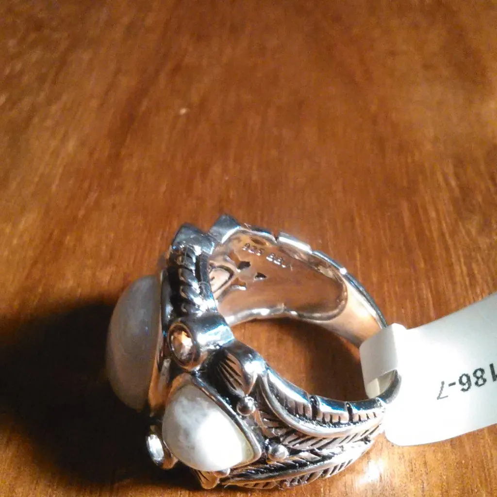 White Rainbow Moonstone Three Stone Sterling Silver Ring (Size 7) - Image 10