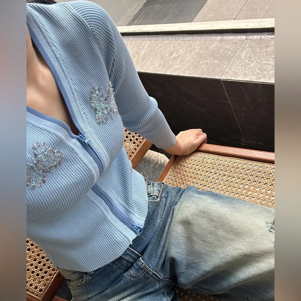 Blue Ribbed Cropped Cardigan with Butterflies Sequin Detail - Image 2