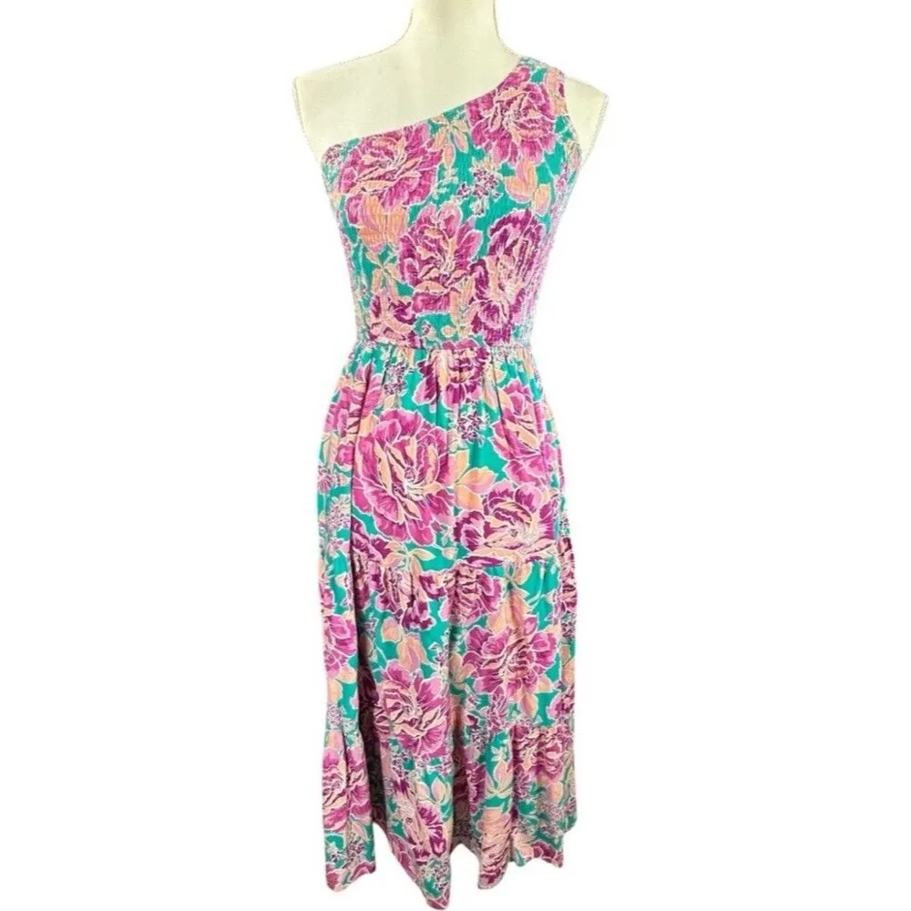 Zesica Bohemian Floral One Shoulder Smocked Tiered Ruffle Midi Dress Size XL - Image 2