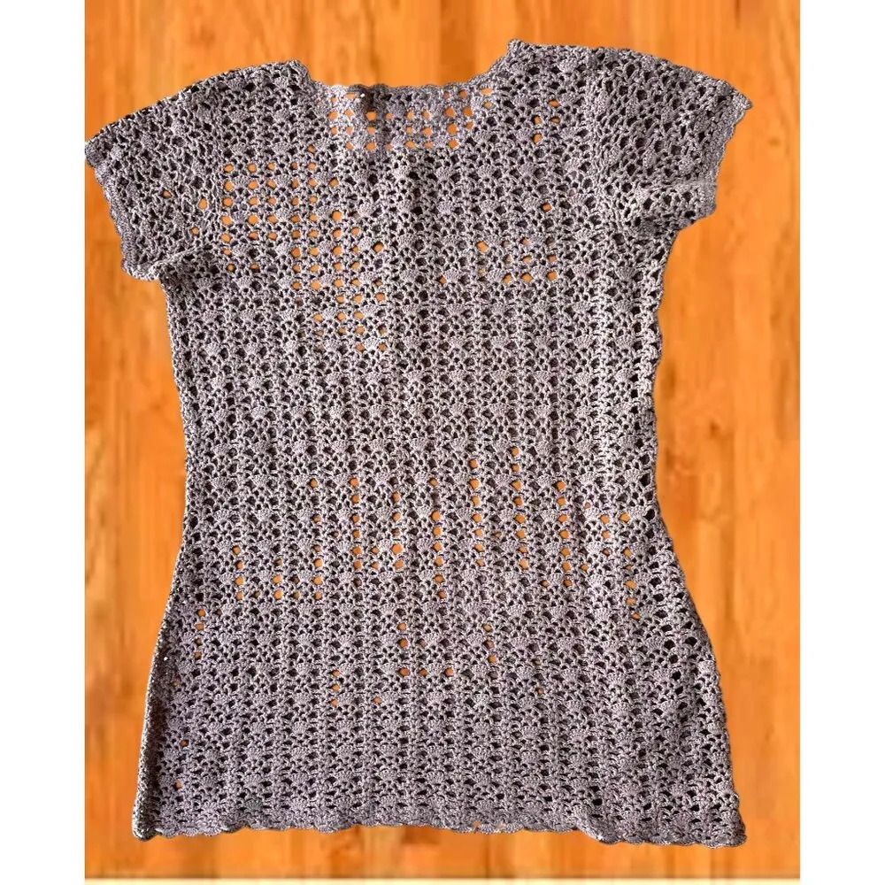 Vintage Newport News Crochet Dress Girls Large Tunic Taupe Short Sleeves… - Image 11