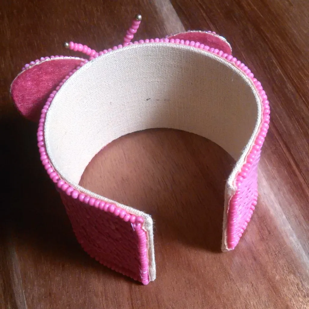 Handcrafted Fushsia Seed Beaded Butterfly Cuff Bracelet - Image 5