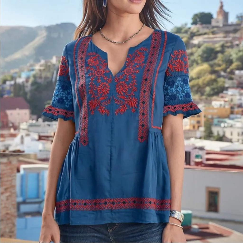 SUNDANCE "FABLE" BLUE/RED FOLKLORE EMBROIDERED TOP M Blue Size M - Image 3