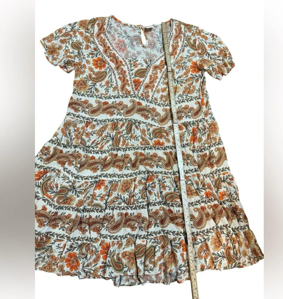 Bila Boho Floral Paisley Dress Tiered Ruffle Hem VNeck Short Sleeve Peasant Sz L Orange Size L - Image 8