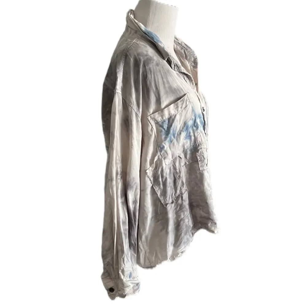 Vintage Havana Tie Dye Distressed Button Down Hi-Lo Crop Tencel Shirt | Medium - Image 2