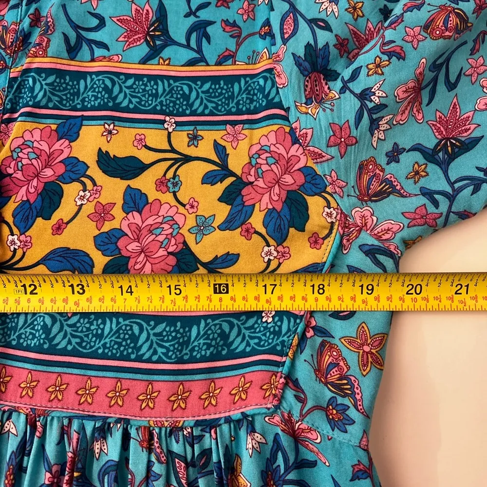 R. Vivimos turquoise maxi gypsy dress paisley floral print long sleeve tassels L Yellow Size L - Image 6