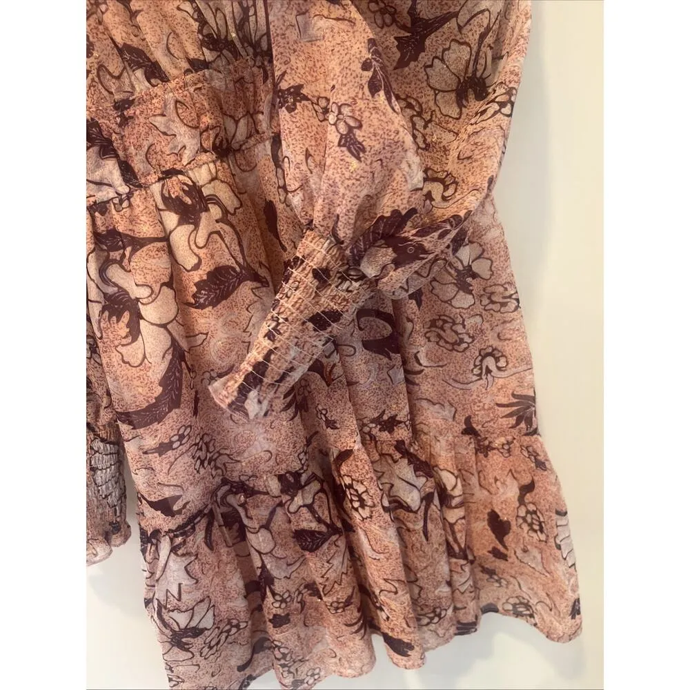 O.P.T Floral Pink Boho Prairie Balloon Sleeve Tiered Ruffle Mini Dress Size XS - Image 7