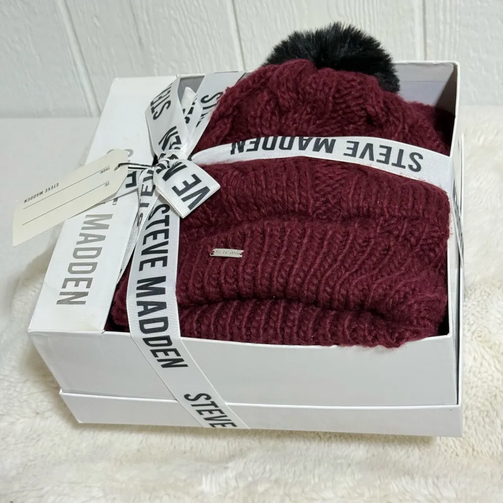 Steve Madden Maroon Knit Hat with Black Pom - Image 2