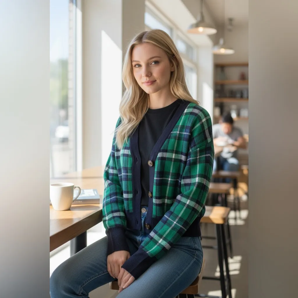Marled Plaid Green and Navy Women's Sweater cardigan In Size M Size M - Image 3