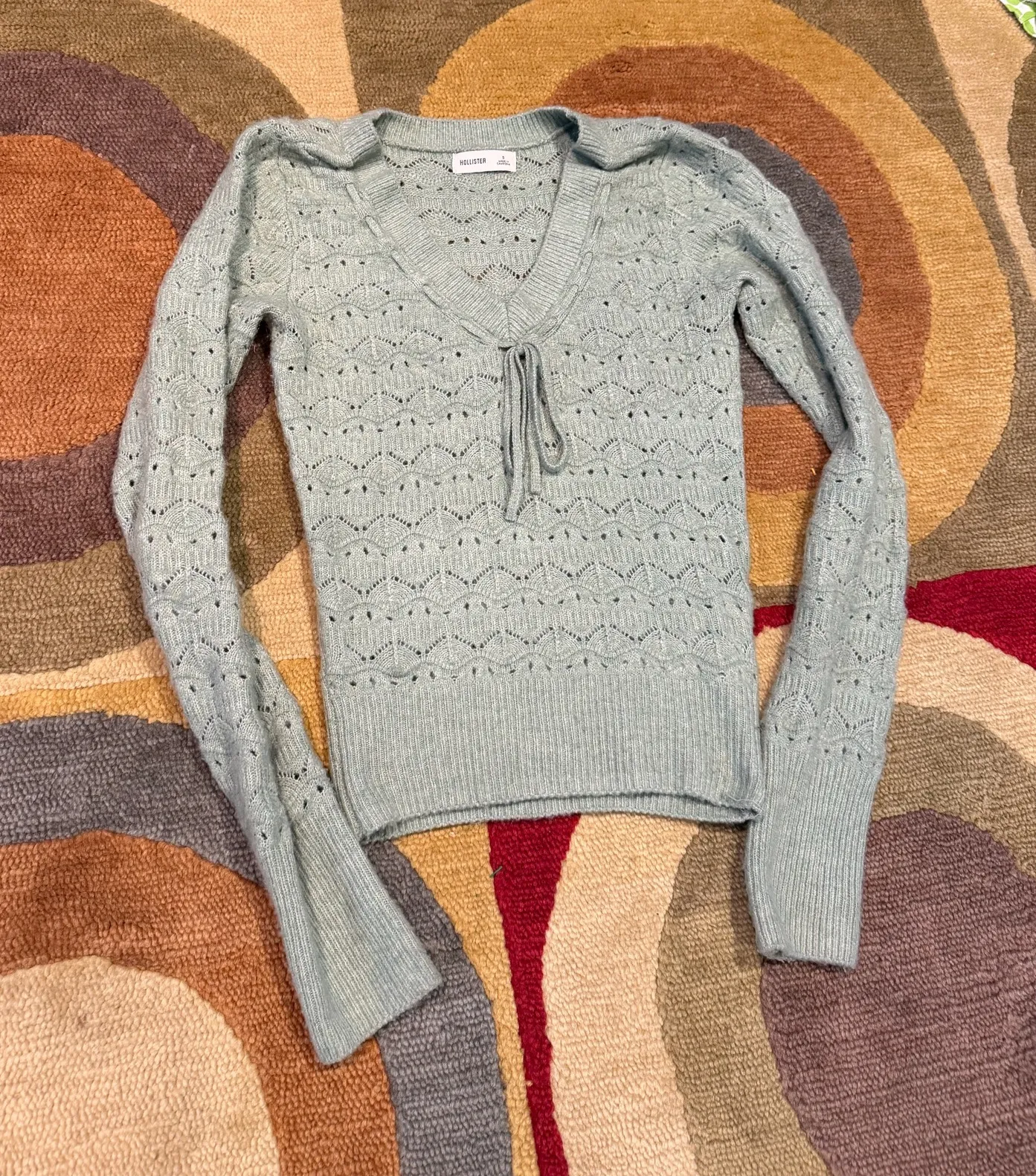 Hollister Y2K Style Light Green Sweater V Neck Preppy Style Size Small - Image 1