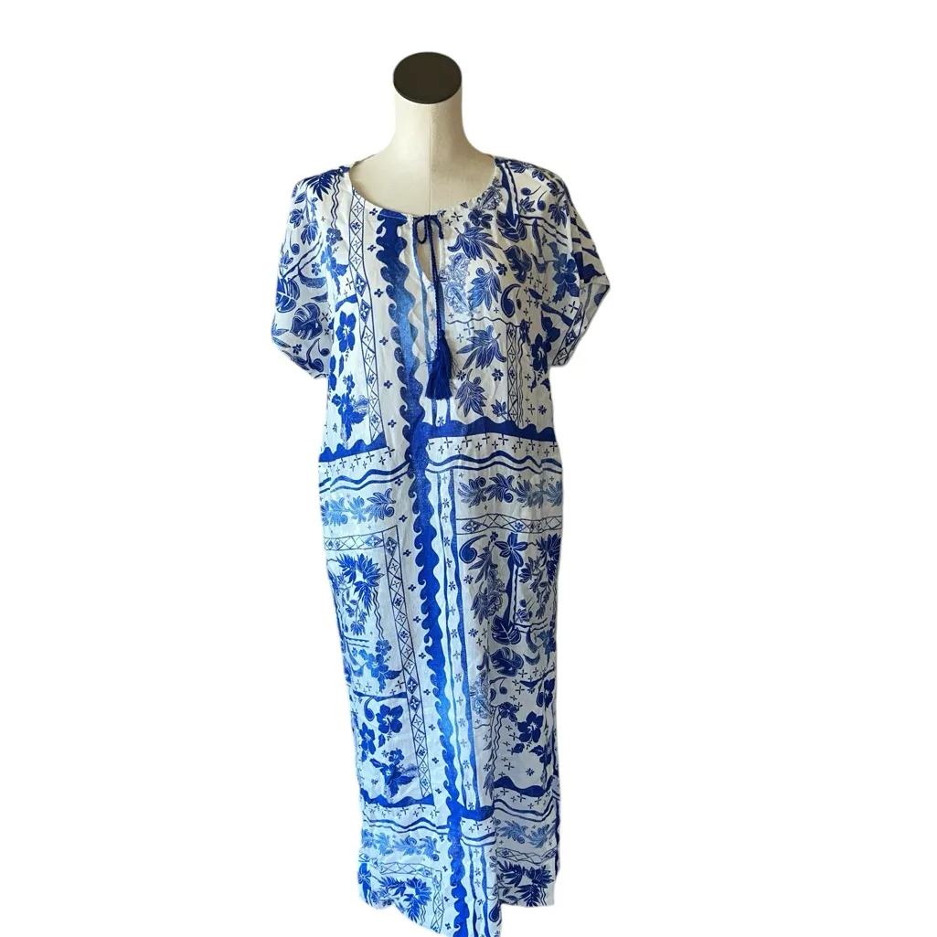 NWOT Joie Summer Beach Maxi Dress Linen Blend Blue White  Tassel - Image 3