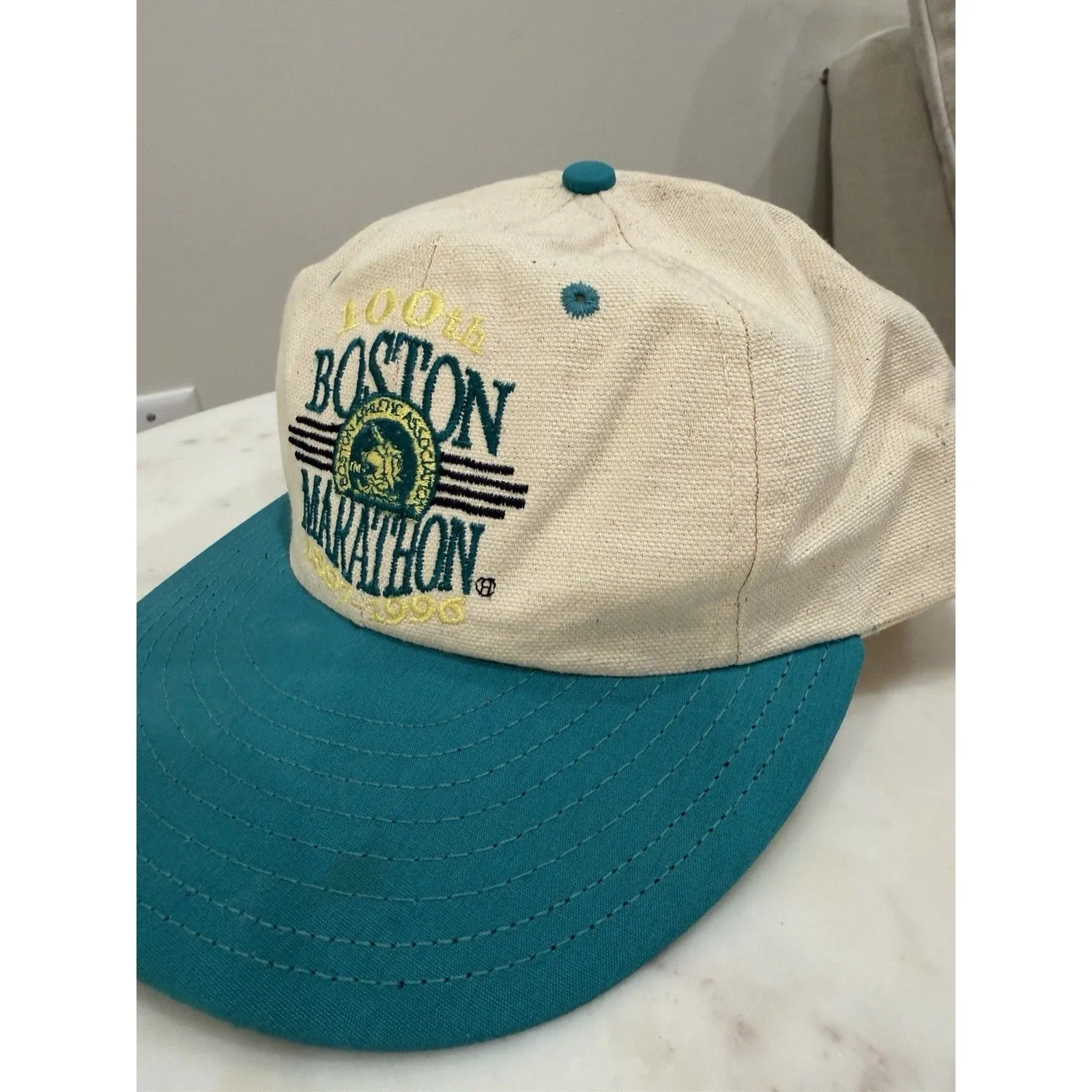 1996 Boston Marathon 100th Anniversary Cap Vintage Teal Cream Snapback Hat Cap - Image 9