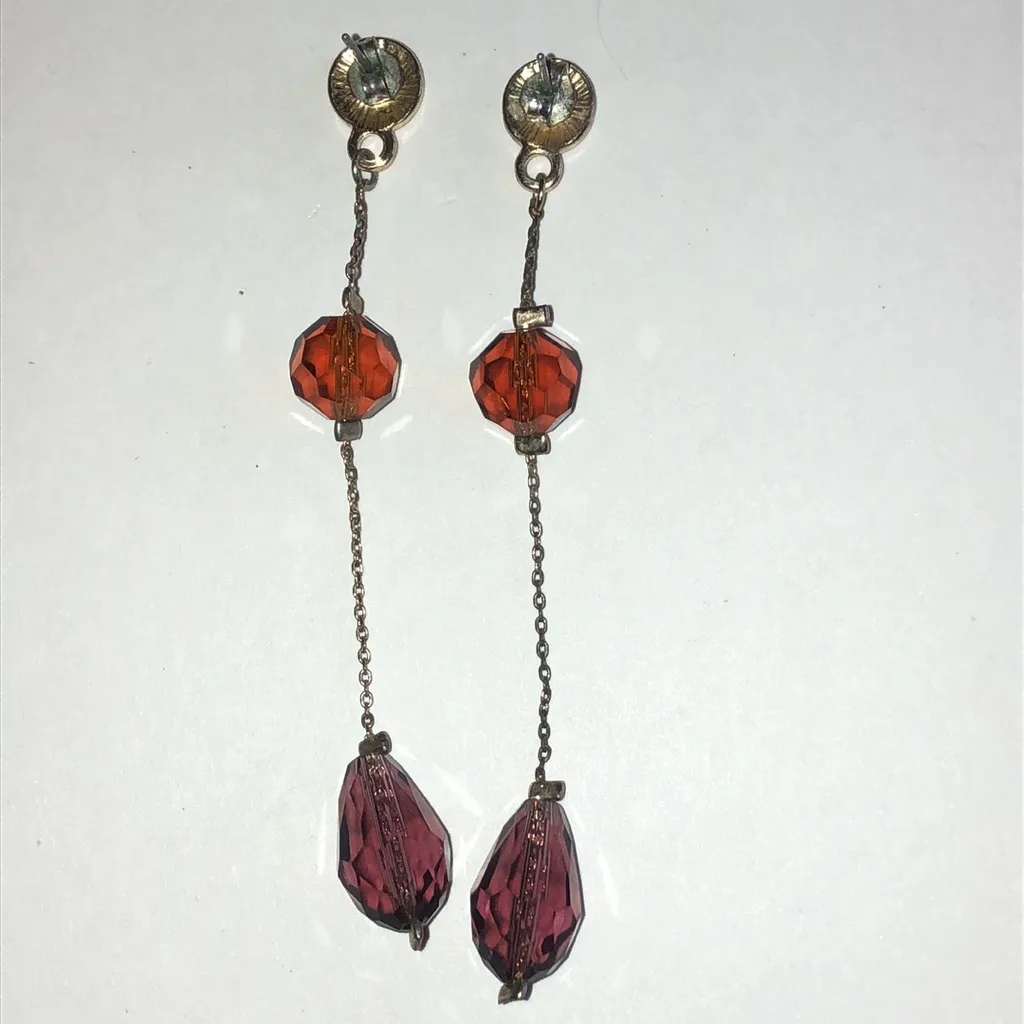 Elegant Gold Tone Amber and Burgundy Glass Beaded Boho Dangle Earrings - Image 6