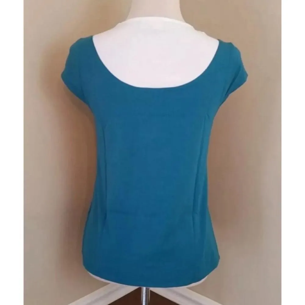 Modcloth Teal Turquoise Knit Top with White Pleated Yoke Neck Tie Cap Sleeves - Image 6