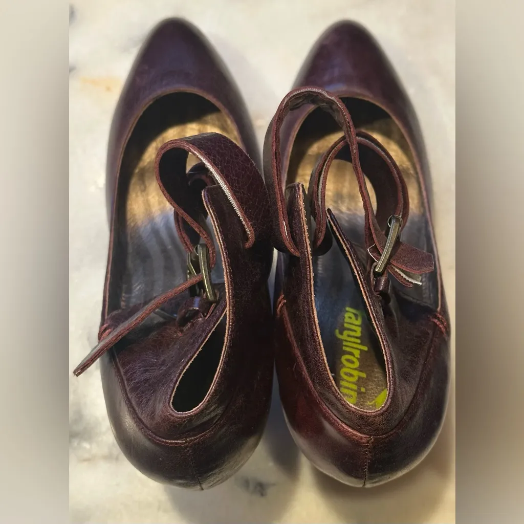 Anthropologie+Farylrobin Leather Burgundy Mary Jane Ankle Cuff 3.5 Heels Sz 7. Brown - Image 5