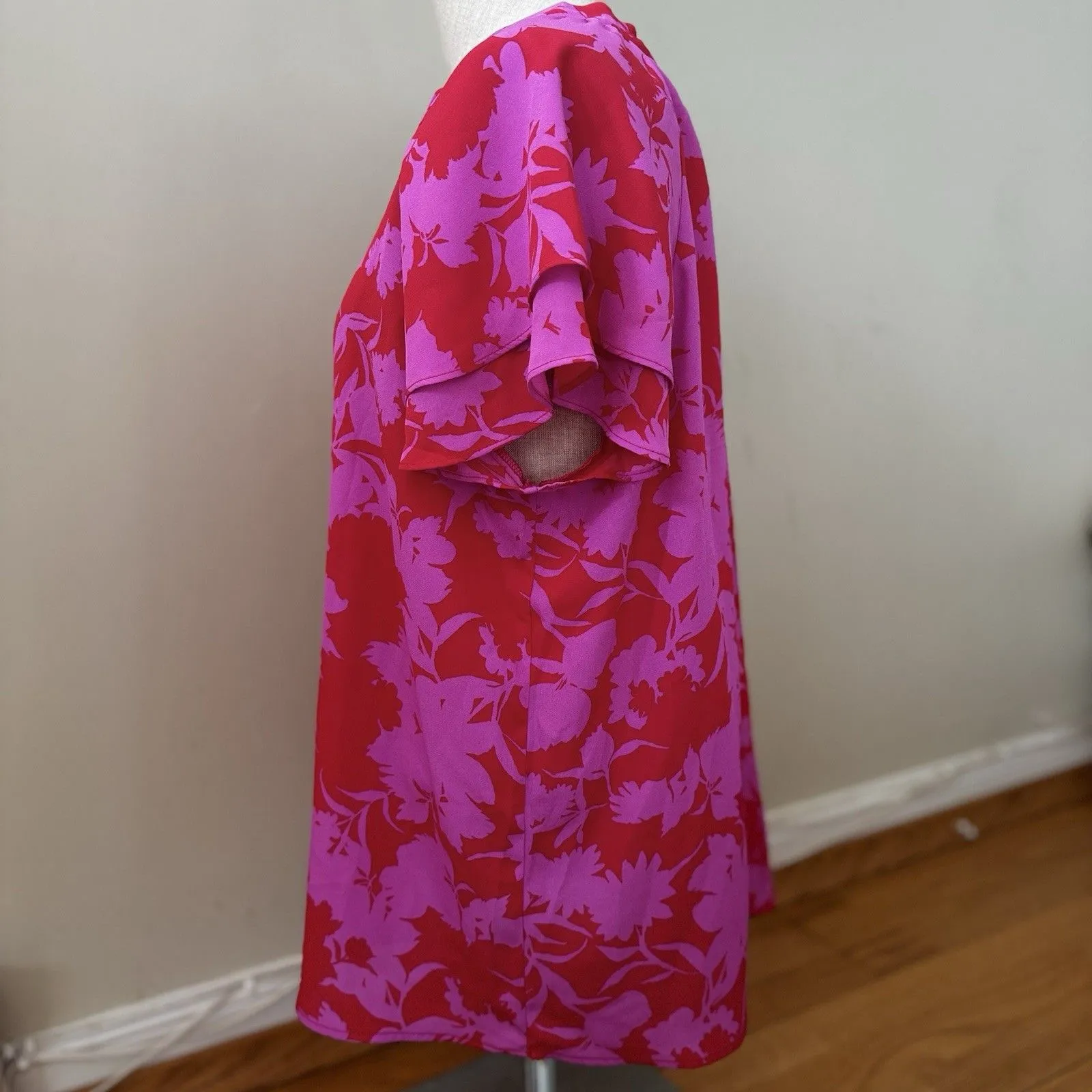 Pleione Women's Floral Blouse Tie Back Flutter Pink XL EUC Retro Spring Resort - Image 3