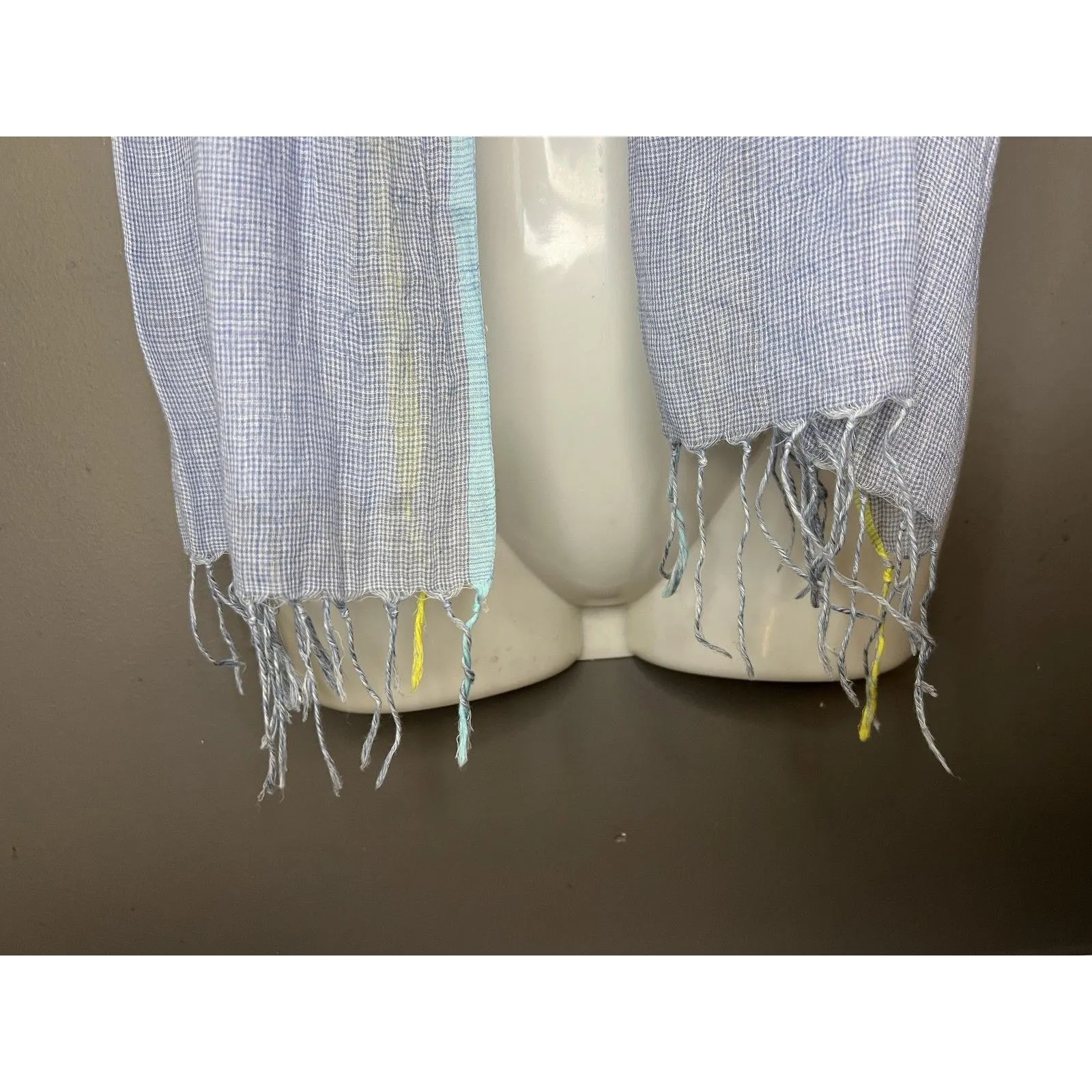 Gamut Scarf Womens One Size Lightweight Blue Gauze Fringe Wrap Aqua Yellow Trim - Image 4