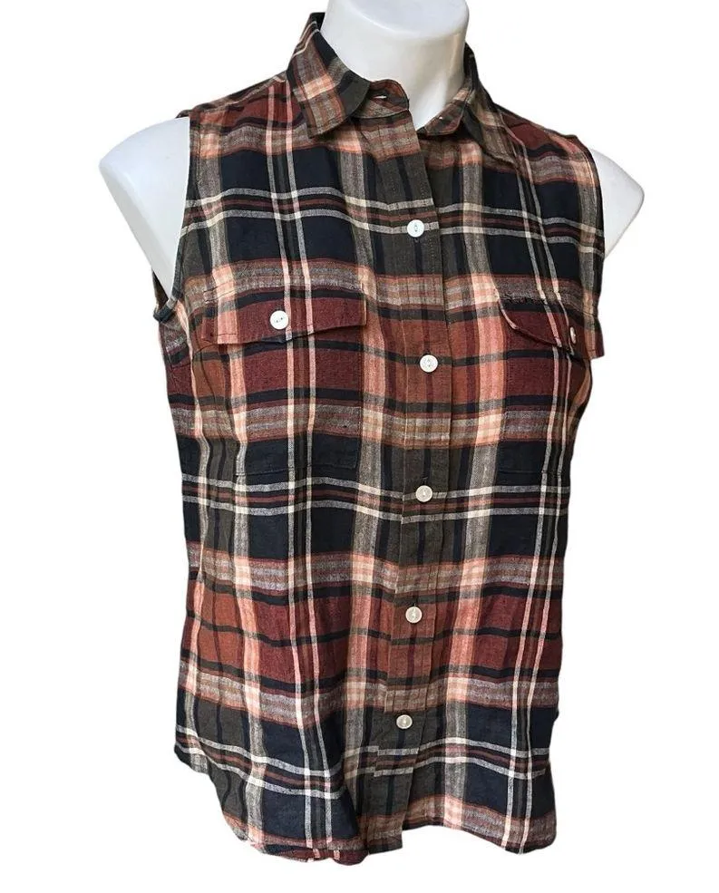 90's Lauren Ralph Lauren Sleeveless Linen Button Down Plaid Blouse Black - Image 3