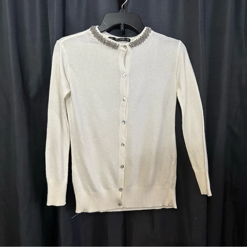 Zara Knit Elegant Cream Cardigan with Crystals Embellished Collar - Image 6