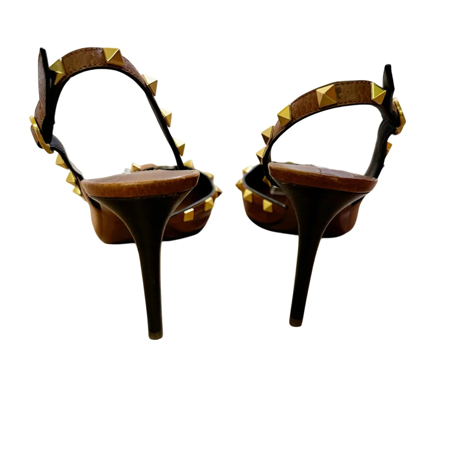 Valentino Garavani Rockstud Slingback Heels Brown Leather Gold Stud Pumps 39.5 - Image 5