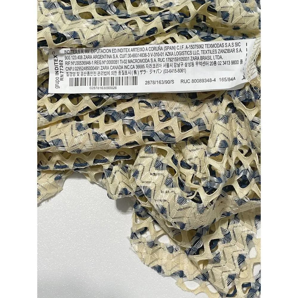 Zara W/B Dress Mesh Sheer Open Knit Unlined Ruffle Short Sleeve Cream Blue Small - Image 7
