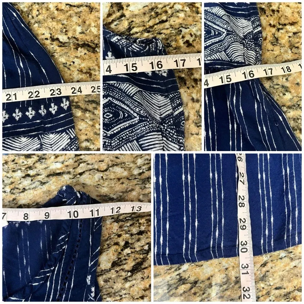 Roxy Women’s Navy Argyle Babydoll Mini Dress Size M Boho Peasant Beach Festival - Image 6